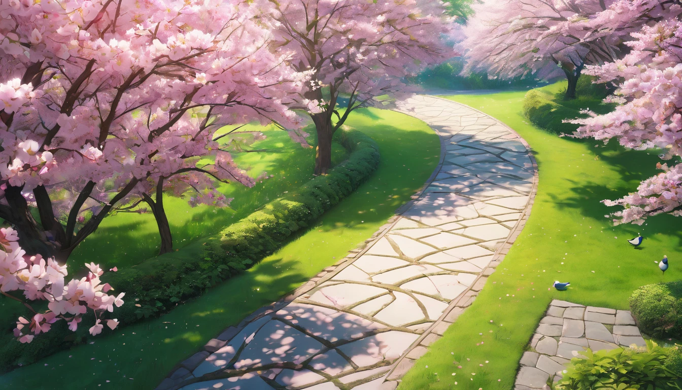 beautiful detailed sakura trees, birds eye view, anime style, cinematic lighting, vibrant colors, lush green foliage, winding path, serene atmosphere, dreamy, ethereal, intricate details, high resolution, 8k, photorealistic, masterpiece, (best quality, 4k, 8k, highres, masterpiece:1.2), ultra-detailed, (realistic, photorealistic, photo-realistic:1.37), 1giri