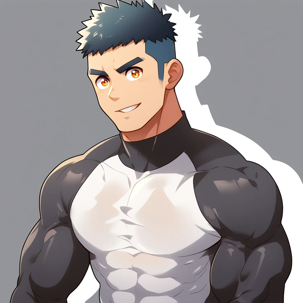 anime characters：Gyee, Muscle Sports Student, Manliness, male focus, Cute boy with big eyes, Mike White high collar long sleeve tight T-shirt, Slightly transparent material, Very tight, Round, full and perky chest muscles, Slightly transparent, muscular male, muscular, only, Upper body, alone, Black short hair, Thick eyebrows, stubble, Cute little eyes, Brown-red pupils, Grey background, simple background, amazing quality, best aesthetics, Ridiculous, crew cut, parted lips, seductive smile, torogao, naughty face, drop shadow, best quality