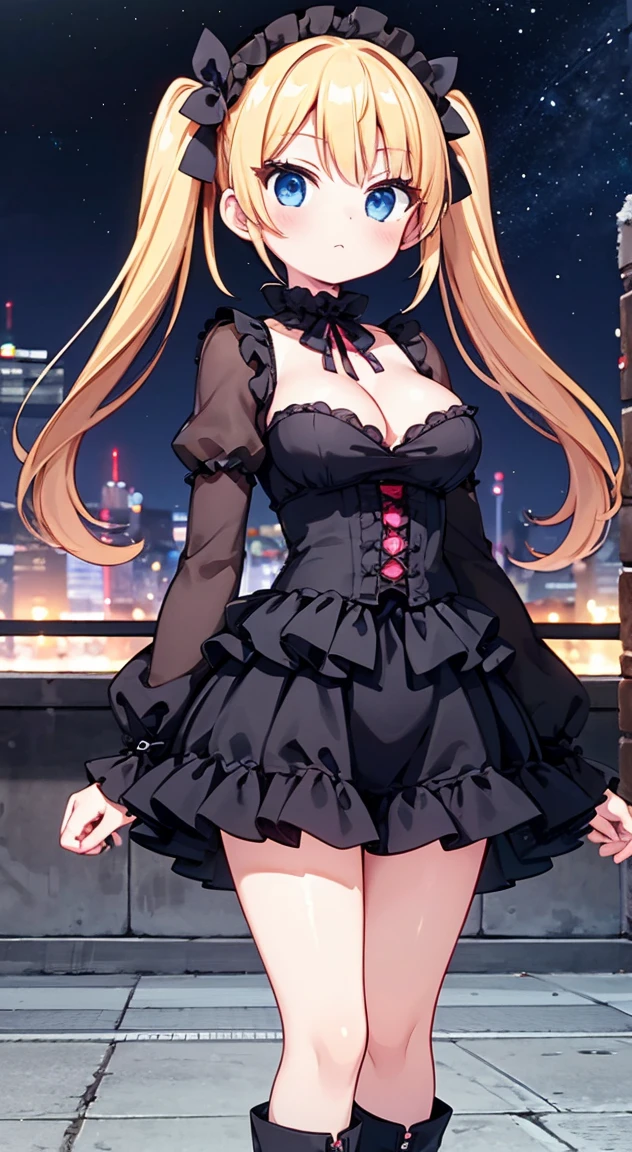 masterpiece, Highest quality, (anime screencap:1.3),(shape), cute,(Simple:1), (anime:1.2),Solo Sharp Focus, 1 Girl, Cleavage,Looking at the audience,night,（Starlight,Starry Sky 1.1）,blonde,((mini skirt)),Are standing, Twin tails,summer ,((Black Gothic Costume)),Red ribbon,Gothic,,Black ****ta Fashion,Gothic Bonnet,Hair Ribbon,Cowboy Shot,Mazda RX-7 FD3S,,,Large Breasts,,（Absolute region 1.1),（Braided Boots 1.1),Browsing Caution,