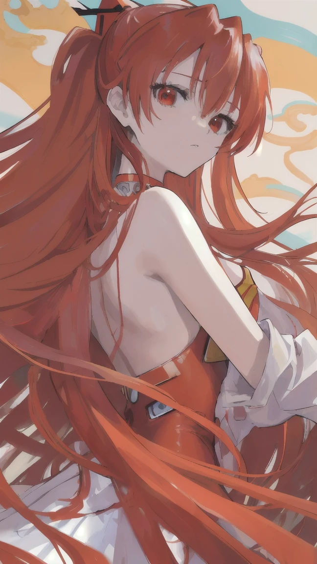 (best quality, masterpiece, colorful, dynamic angle, highest detailed)(Asuka Langley), upper body photo, fashion photography of cute red long hair girl (Asuka Langley), dressing high detailed Evangelion red suit (high resolution textures), in dynamic pose, bokeh, (intricate details, hyperdetailed:1.15), detailed, sunlight passing through hair, colorful art background, (official art, extreme detailed, highest detailed),