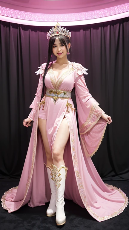 a girl in a pink dress and white boots poses, fantasy costume, beautiful and detailed face, Full Body Xianxia, cosplay, elegant glamorous cosplay, ((a beautiful fantasy empress)), a beautiful enchantress, beautiful enchantress, a beautiful fantasy empress, chica anime cosplay, glamorous cosplay, ornate cosplay, flowing magic flesh robe, japanese goddess, fantasy robe