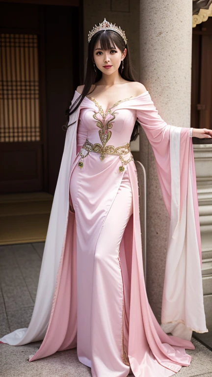 a woman in a pink dress and white boots poses, fantasy costume, Full Body Xianxia, cosplay, elegant glamorous cosplay, ((a beautiful fantasy empress)), a beautiful enchantress, beautiful enchantress, a beautiful fantasy empress, chica anime cosplay, glamorous cosplay, ornate cosplay, flowing magic flesh robe, japanese goddess, fantasy robe