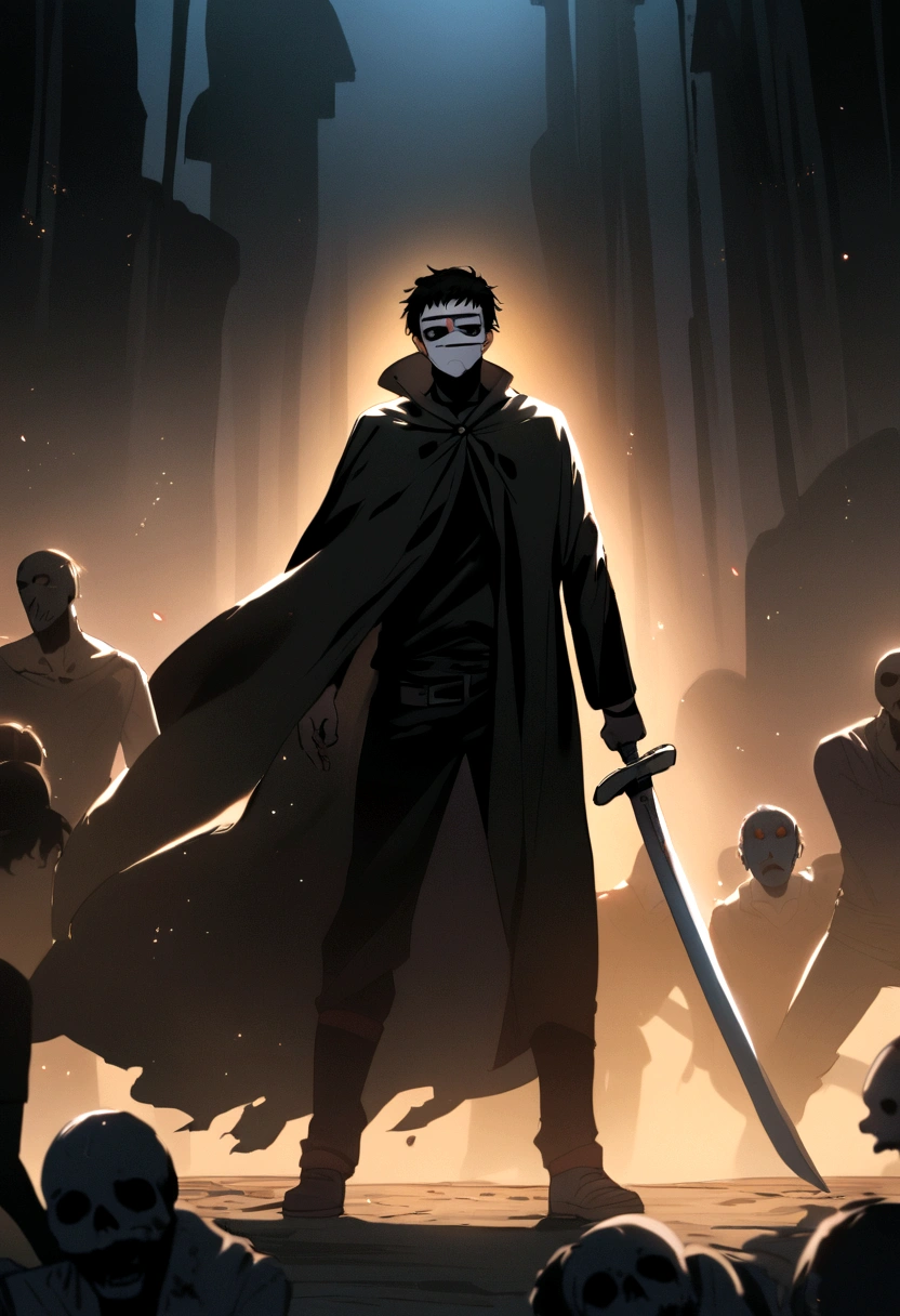 A boy with black hair and a mask wearing a black cloak holding a sword and killing zombies