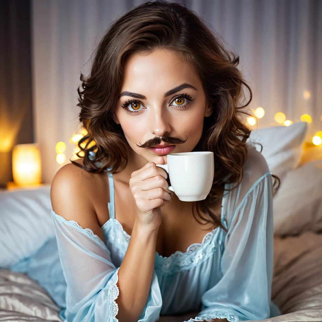stubble beard woman with mustach, brown hair, amber eyes, in nightgown, drinks coffee