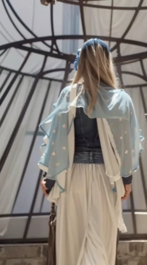 Back view of long blue denim skirt with large waist and white veil