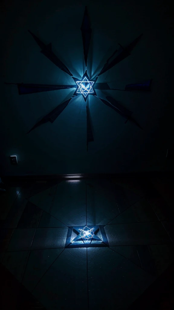 A glowing blue hexagram magic circle is visible on the floor of the room.。Dimly lit room。Poor visibility。Foggy。