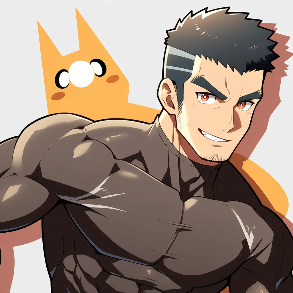 anime characters:Gyee, Muscle Sports Student, Manliness, male focus, Cute boy with big eyes, Brown high collar long sleeve tight T-shirt, Slightly transparent material, Very tight, Round, full and perky chest muscles, Slightly transparent, muscular male, muscular, only, Upper body, alone, Black short hair, Thick eyebrows, stubble, Cute little eyes, Brown-red pupils, Grey background, simple background, amazing quality, best aesthetics, Ridiculous, crew cut, parted lips, seductive smile, torogao, naughty face, drop shadow, best quality