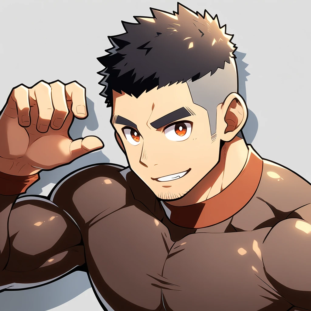 anime characters：Gyee, Muscle Sports Student, Manliness, male focus, Cute boy with big eyes, Brown high collar long sleeve tight T-shirt, Slightly transparent material, Very tight, Round, full and perky chest muscles, Slightly transparent, muscular male, muscular, only, Upper body, alone, Black short hair, Thick eyebrows, stubble, Cute little eyes, Brown-red pupils, Grey background, simple background, amazing quality, best aesthetics, Ridiculous, crew cut, parted lips, seductive smile, torogao, naughty face, drop shadow, best quality