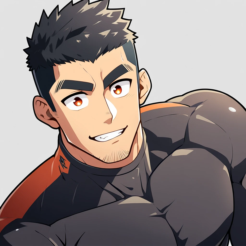 anime characters：Gyee, Muscle Sports Student, Manliness, male focus, Cute boy with big eyes, Brown high collar long sleeve tight T-shirt, Slightly transparent material, Very tight, Round, full and perky chest muscles, Slightly transparent, muscular male, muscular, only, Upper body, alone, Black short hair, Thick eyebrows, stubble, Cute little eyes, Brown-red pupils, Grey background, simple background, amazing quality, best aesthetics, Ridiculous, crew cut, parted lips, seductive smile, torogao, naughty face, drop shadow, best quality