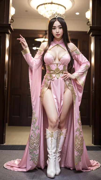 a woman in a pink dress and white boots poses, fantasy costume, Full Body Xianxia, cosplay, elegant glamorous cosplay, ((a beautiful fantasy empress)), a beautiful enchantress, beautiful enchantress, a beautiful fantasy empress, chica anime cosplay, glamorous cosplay, ornate cosplay, flowing magic flesh robe, japanese goddess, fantasy robe