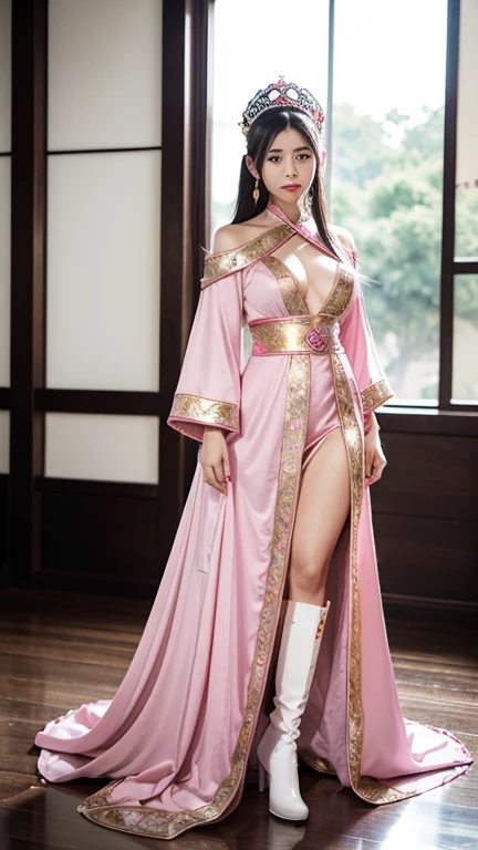 a woman in a pink dress and white boots poses, fantasy costume, Full Body Xianxia, cosplay, elegant glamorous cosplay, ((a beautiful fantasy empress)), a beautiful enchantress, beautiful enchantress, a beautiful fantasy empress, chica anime cosplay, glamorous cosplay, ornate cosplay, flowing magic flesh robe, japanese goddess, fantasy robe