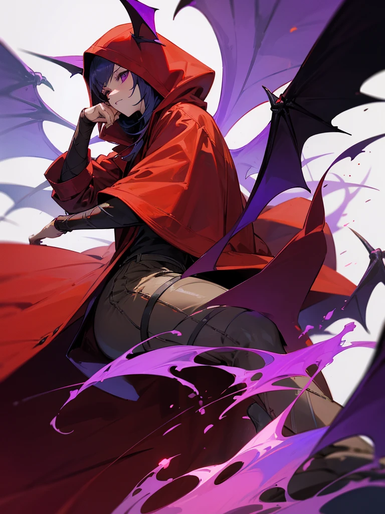 Red hood, red coat, bat wings, snake, malice, three people, purple flame