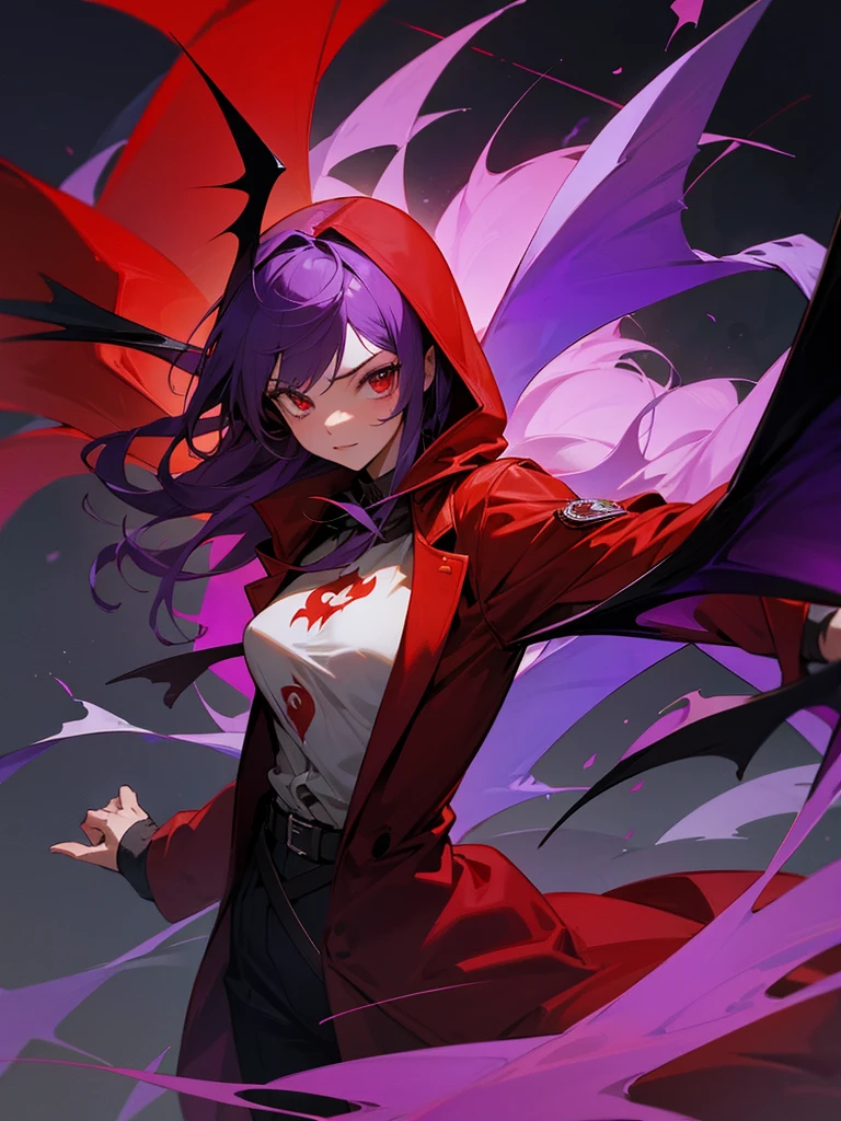 Red hood, red coat, bat wings, snake, malice, three people, purple flame