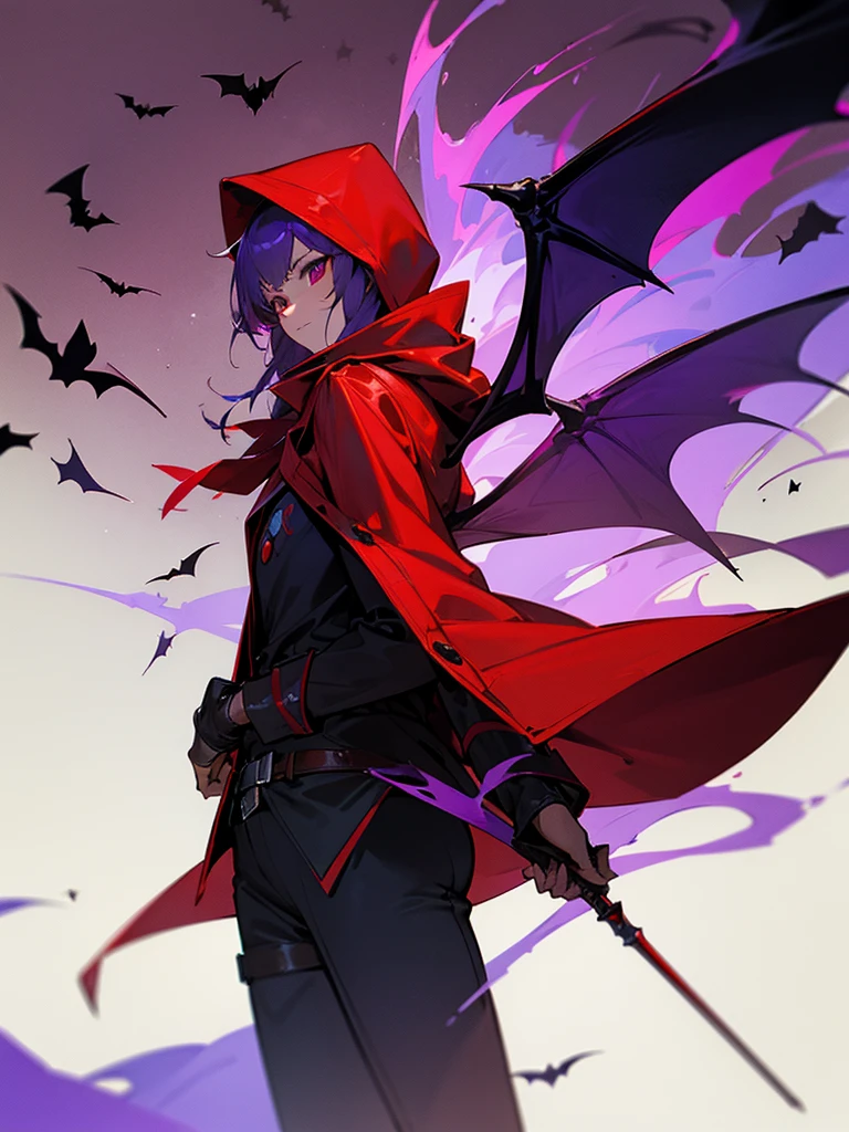 Red hood, red coat, bat wings, snake, malice, three people, purple flame