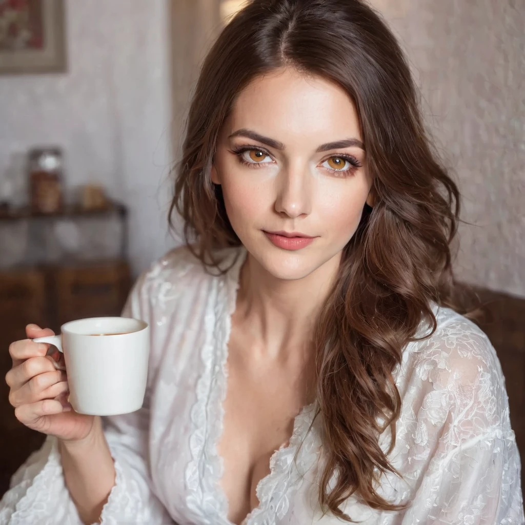 stubble beard woman with mustach, brown hair, amber eyes, in nightgown, drinks coffee
