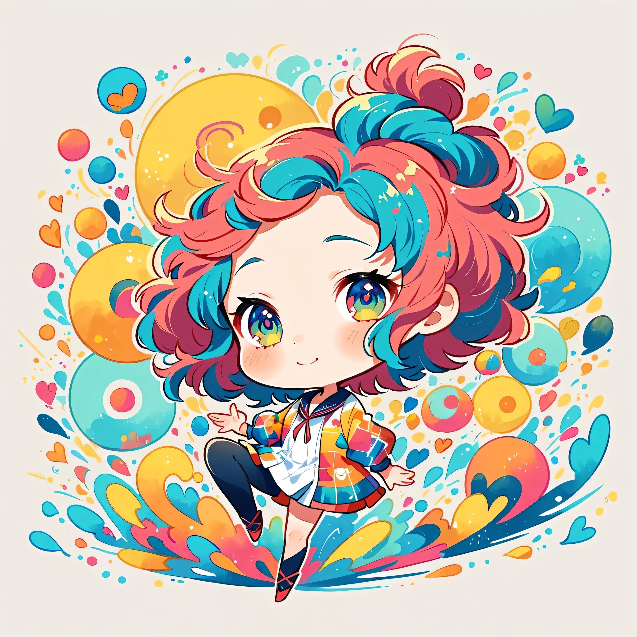 Mika Pikazo style, Simple Line Initialism,Abstract art,Urban Background, colorful hearts ,(((The most beautiful girl of all time))), (((chibi))), happy dance