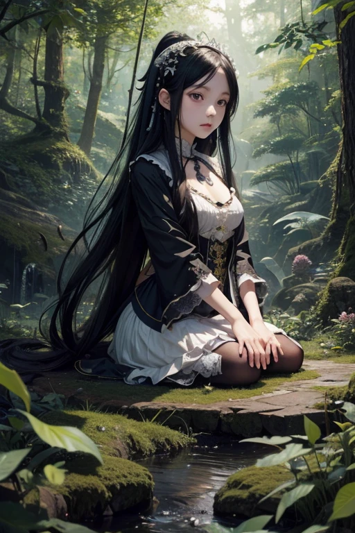 ８K、Very detailed、whole body、Girl with long black hair、Jabberwocky、wonderland forest、Illustration by Yoshitaka Amano