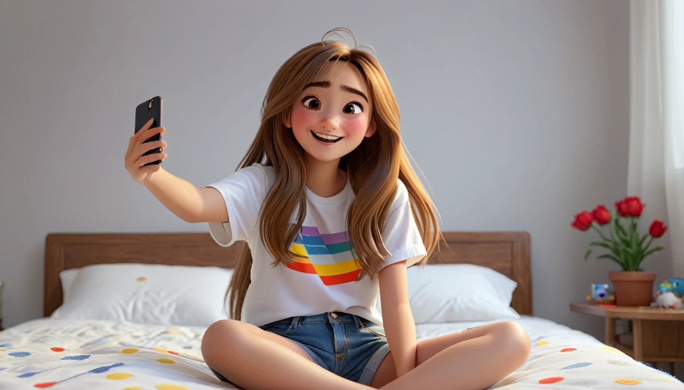 ((masterpiece, best quality)), award winning, 4k, 8k, simple background, photography, visible face, (one girl), 20 years old, Teenage girl with a cheerful and playful demeanor. She has long, straight hair, a simple white plain t-shirt and denim shorts. sitting in bed, taking selfie. Pixar Character. 