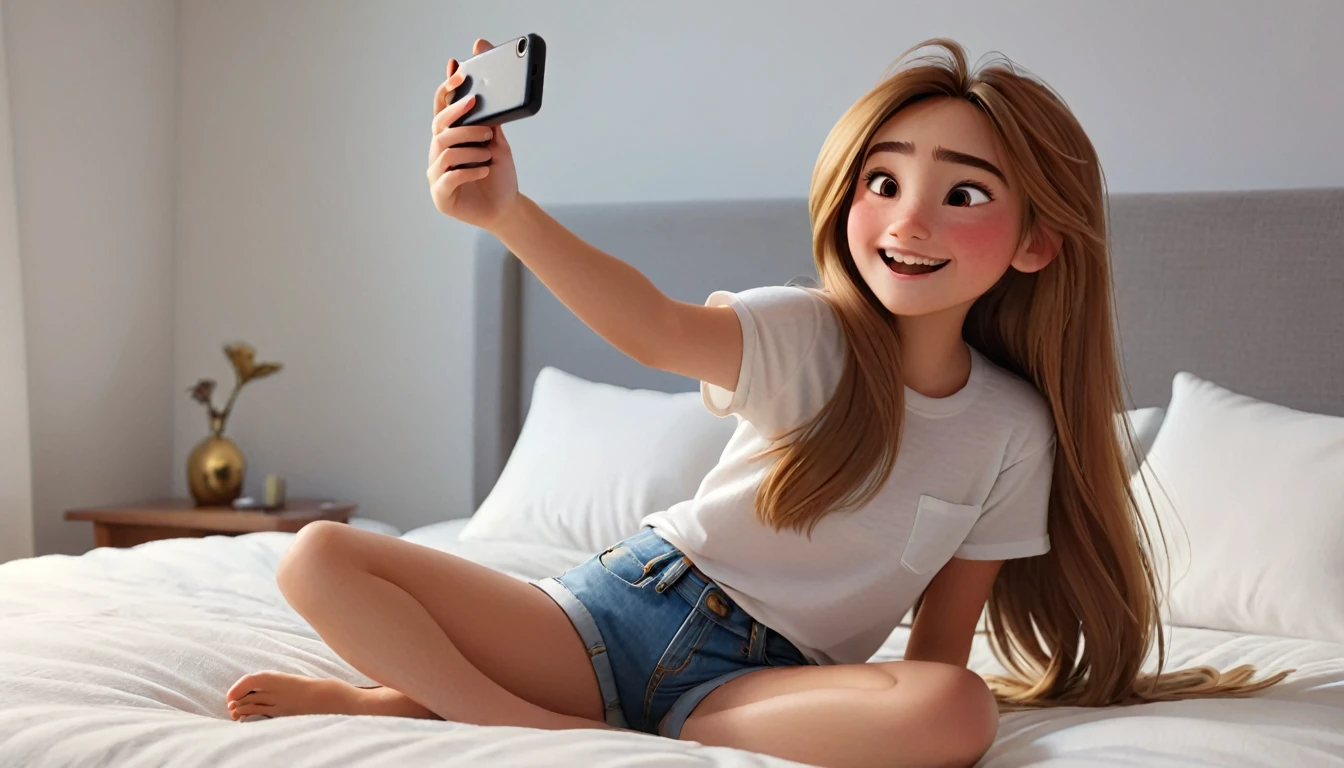 ((masterpiece, best quality)), award winning, 4k, 8k, simple background, photography, visible face, (one girl), 20 years old, Teenage girl with a cheerful and playful demeanor. She has long, straight hair, a simple white plain t-shirt and denim shorts. sitting in bed, taking selfie. Pixar Character. 