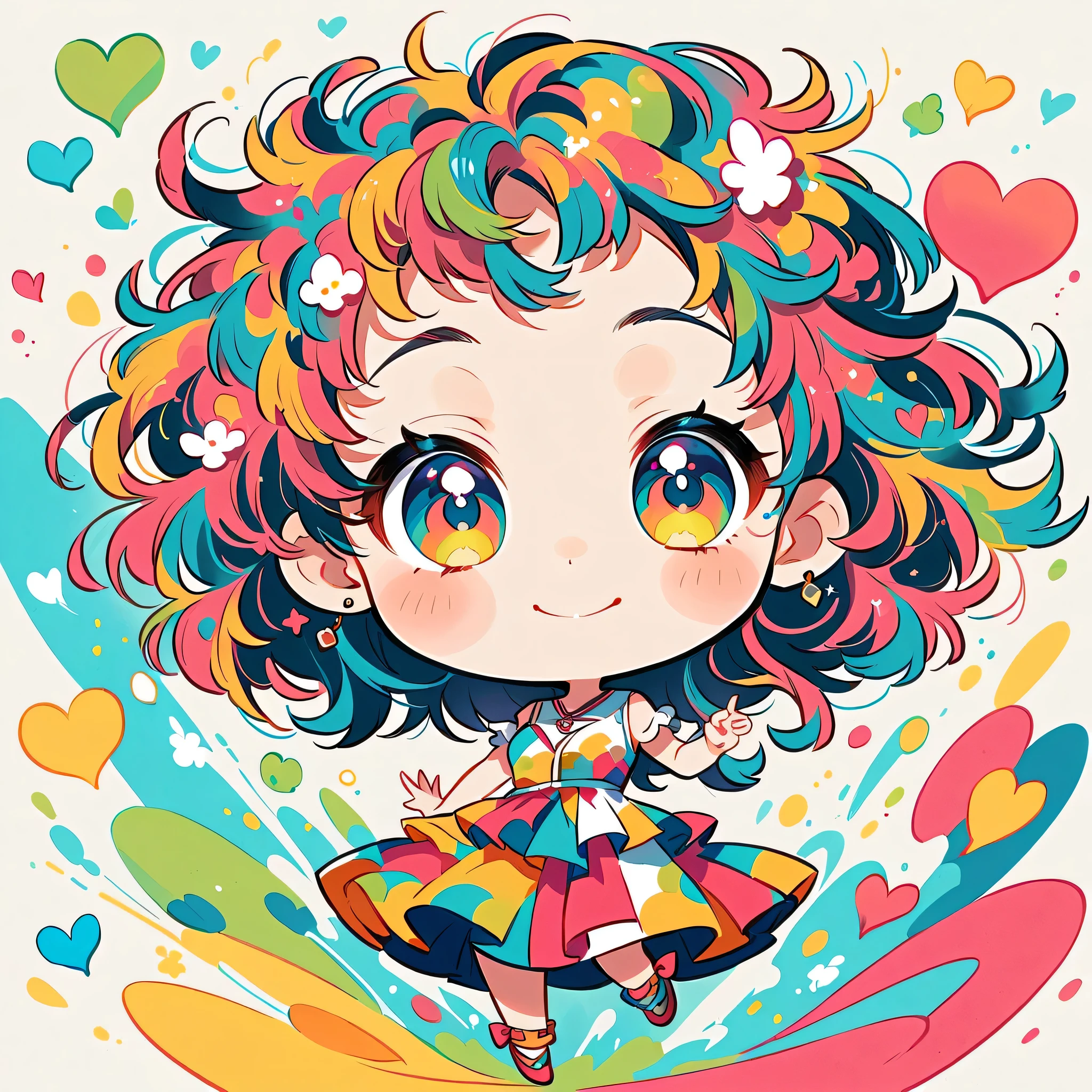 Mika Pikazo style, Simple Line Initialism，Abstract art，Urban Background, colorful hearts ,(((The most beautiful girl of all time))), (((chibi))), happy dance