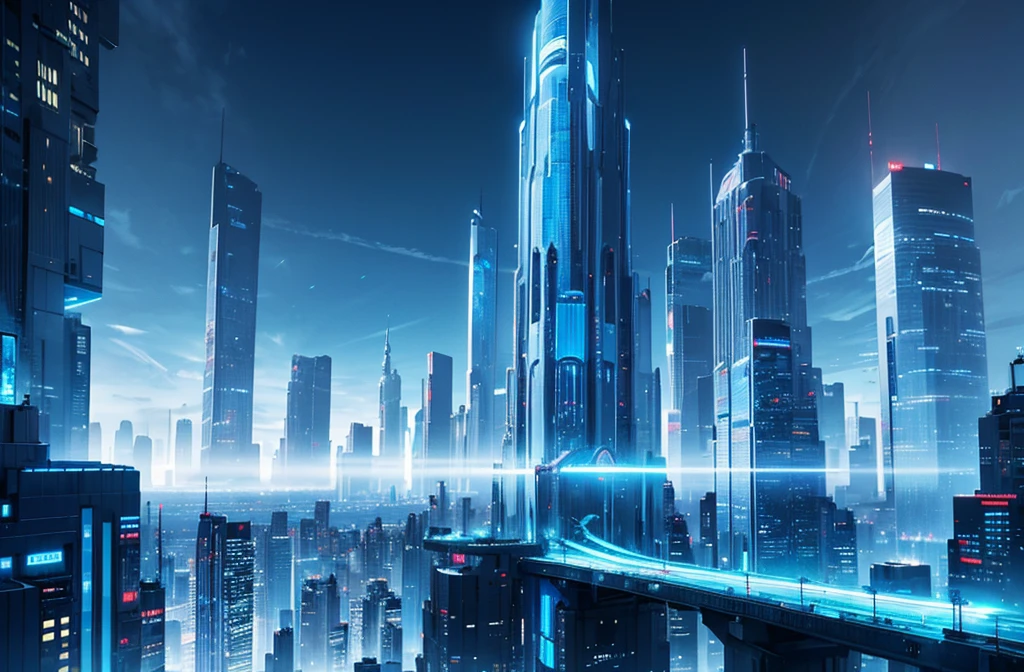 futuristic city, skyscraper, blue theme, blue light, HDR, 4k resolution, landscape