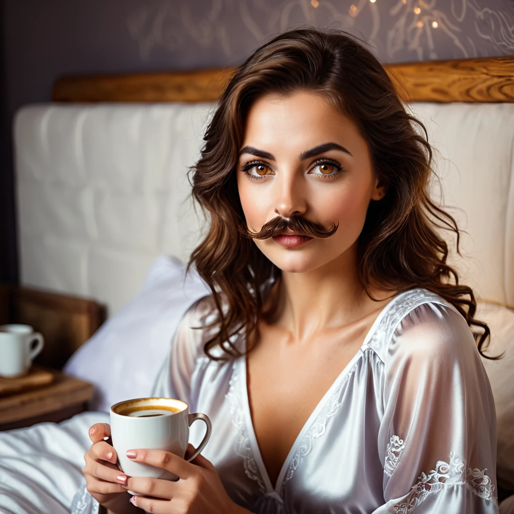 stubble beard woman with mustach, brown hair, amber eyes, in nightgown, drinks coffee