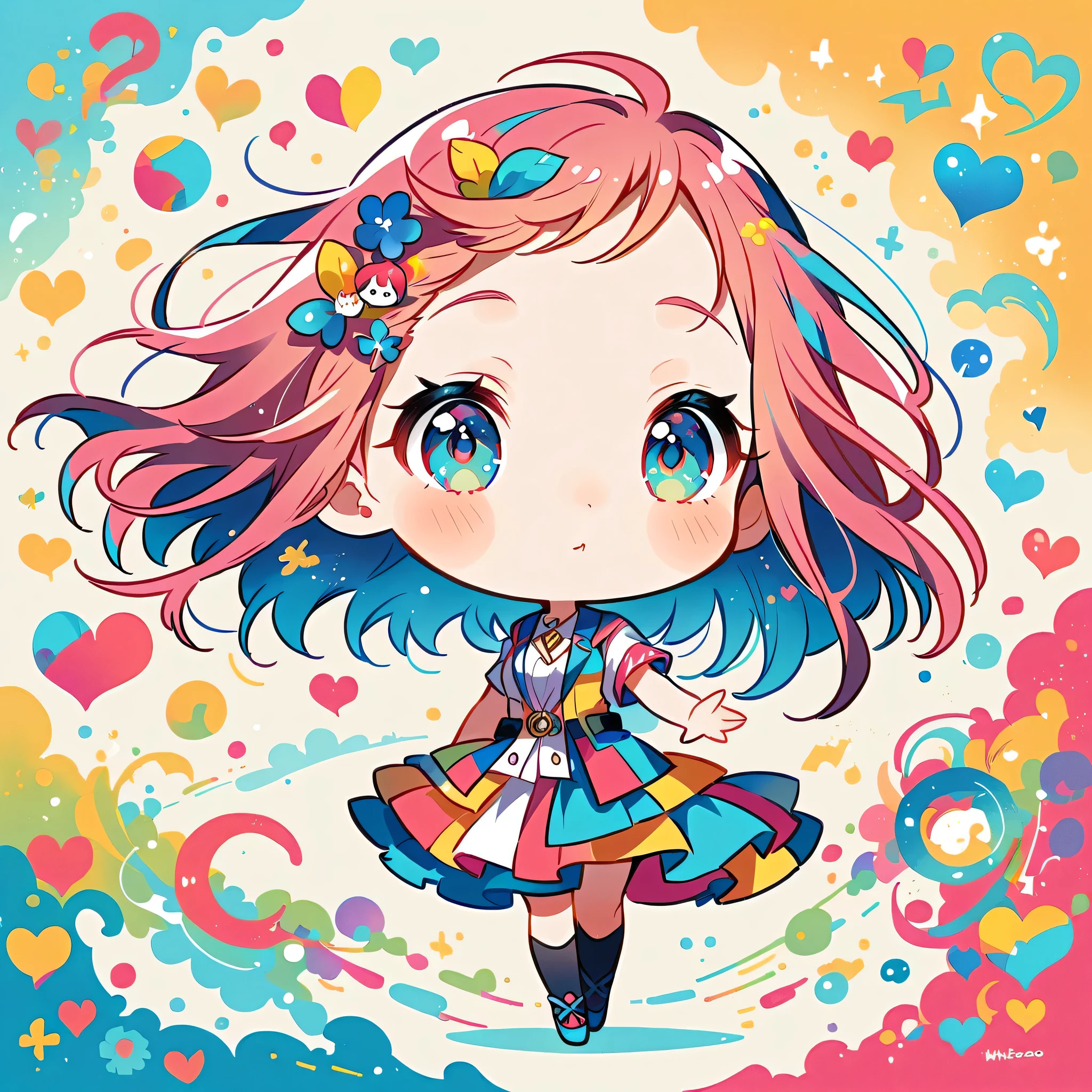 Mika Pikazo style, Simple Line Initialism，Abstract art，Urban Background, colorful hearts ,(((The most beautiful girl of all time))), (((chibi))), happy dance
