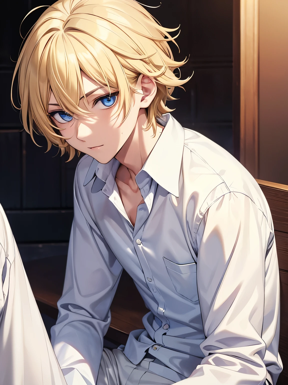 ***ung man,Werewolves,Sitting,18 years old,guy,messy hair style,blonde hair, white shirt,short hair, white trousers,ultra detail, perfect face, hd face, detailed face, masterpiece ,blue eyes, close up photo 