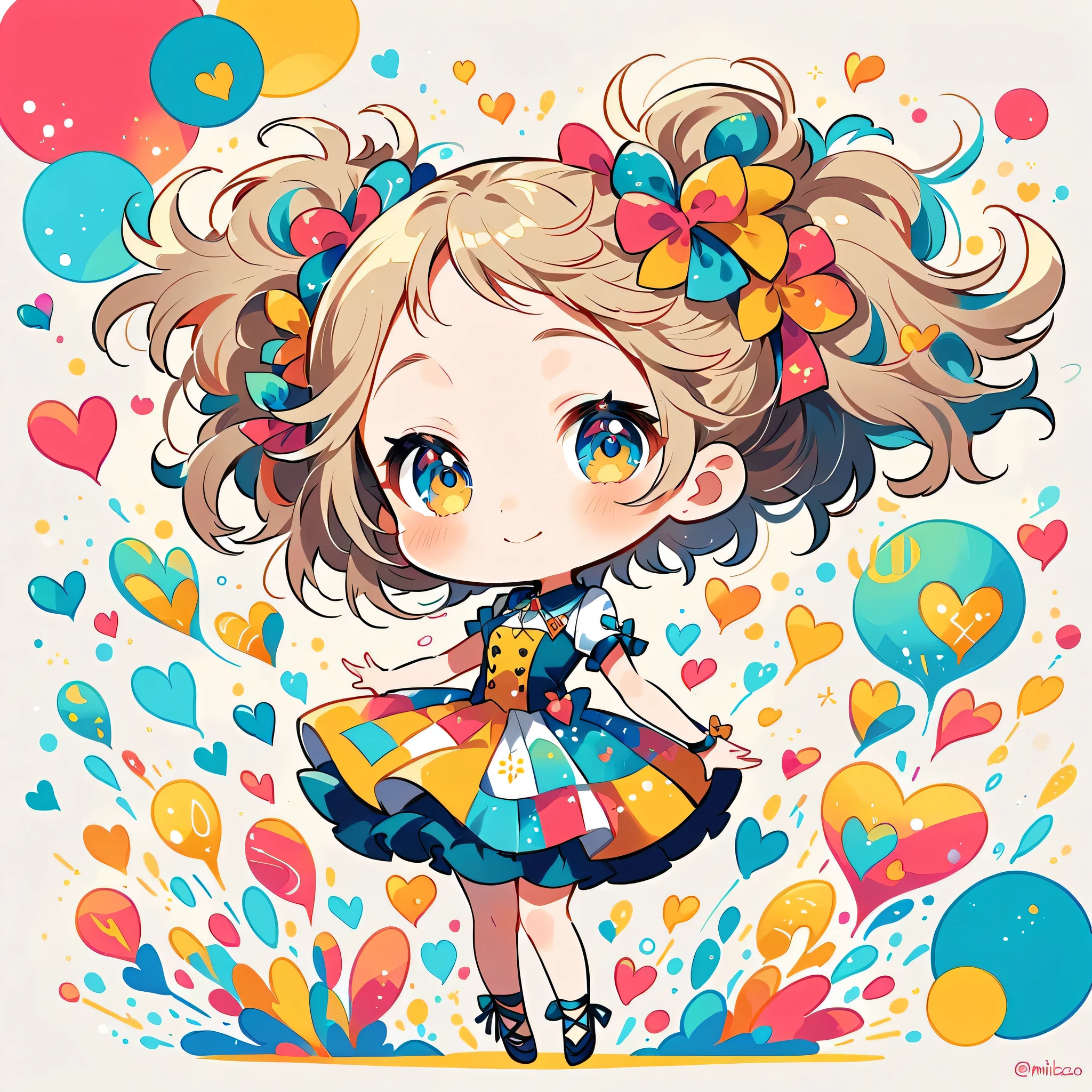 Mika Pikazo style, Simple Line Initialism,Abstract art,Urban Background, colorful hearts ,(((The most beautiful girl of all time))), (((chibi))), happy dance