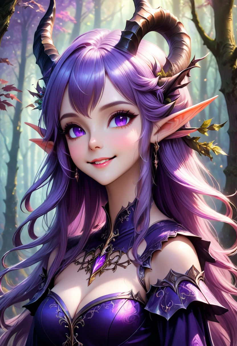 masterpiece, Highest quality, Very detailed, High resolution, An expensive solution, High resolution, masterpiece, depth, Fine texture, Highest quality, Total concentration, (very pretty anime Elf Girl), (Beautiful Gothic Elf Woman, Young Elves, Elf Girl, pretty girl, Young girl),Has horns on its headがある, Grin, smile, (A chic dress with beautiful details, Fluffy long sleeves, ), Purple eyes, Long eyelashes, Low angle shot、eyeliner, Huge thighs, Wide Hips, Tight waist, ( Purple hair), (Light Hair, Long Hair), bangs, Gradient Hair), Shiny Hair,  Forest as a background, Fantasy art, 8k high quality detailed art, A fusion of realism and colorful fantasy, Gothic art style, Fantasy art style, a beautiful fantasy Young Elves, CGI anime Fantasy artwork, charm,  Seductive posture, Standing posture,Vibrant colors, 自信に満ちたsmile, gentle smile, Beautiful attention to detail, Beautiful lip detail, Very detailed目と顔, Long eyelashes, Vibrant colors, Professional, Very detailedな, Intricate details, Volumetric lighting, Lens flare, particle,(White and platinum color scheme), mysterious, mysteriousな.Has horns on its head,Standing posture、Low angle shot