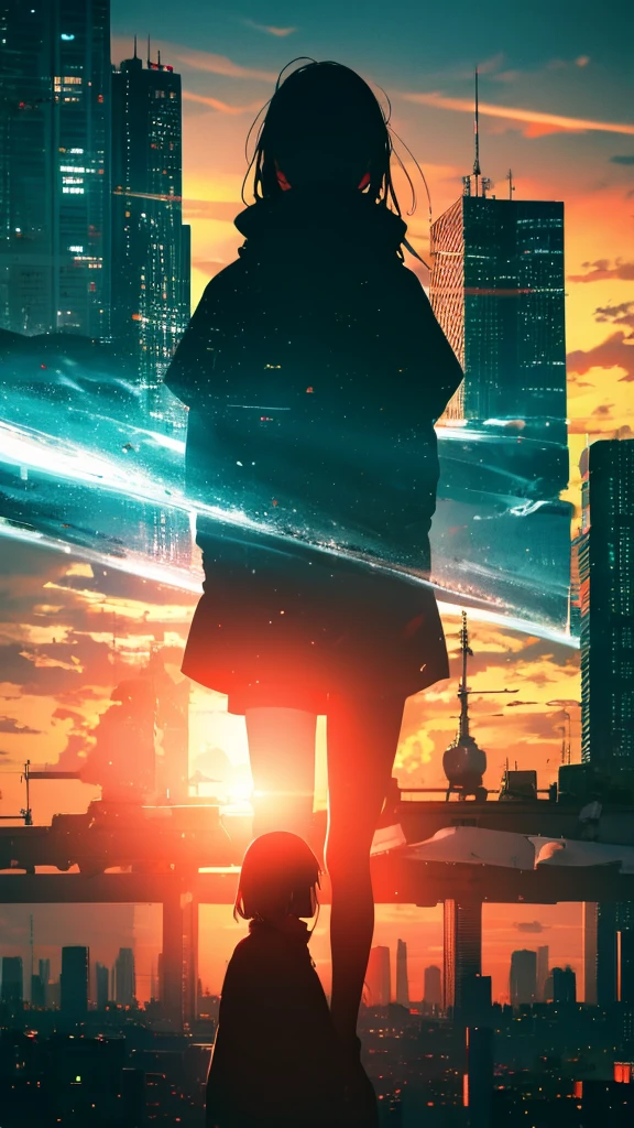 anime, (silhouette),1 girl, star (null), cloud, cityscape, building, city, outdoors, nullscraper, city lights, night, night null, sunset, nullline