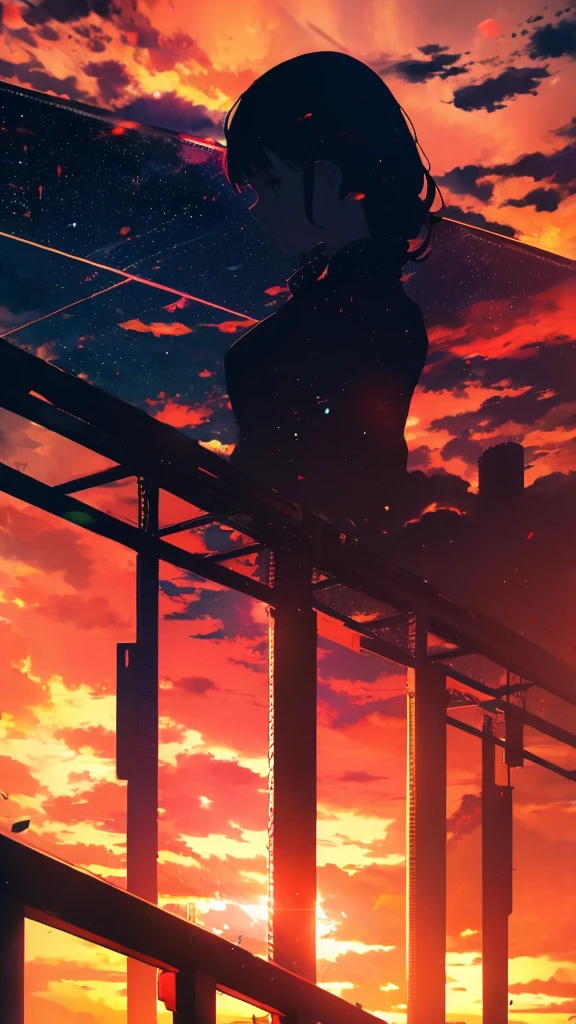 anime, (silhouette),1 girl, star (null), cloud, cityscape, building, city, outdoors, nullscraper, city lights, night, night null, sunset, nullline