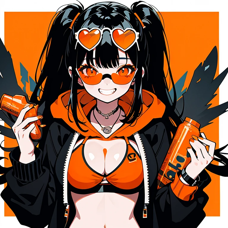 (Highest quality)One Girl,Black Hair,drooping eyes,bikini,hoodie,Big Breasts、Half Up,Grinning face,Orange sunglasses、whole body