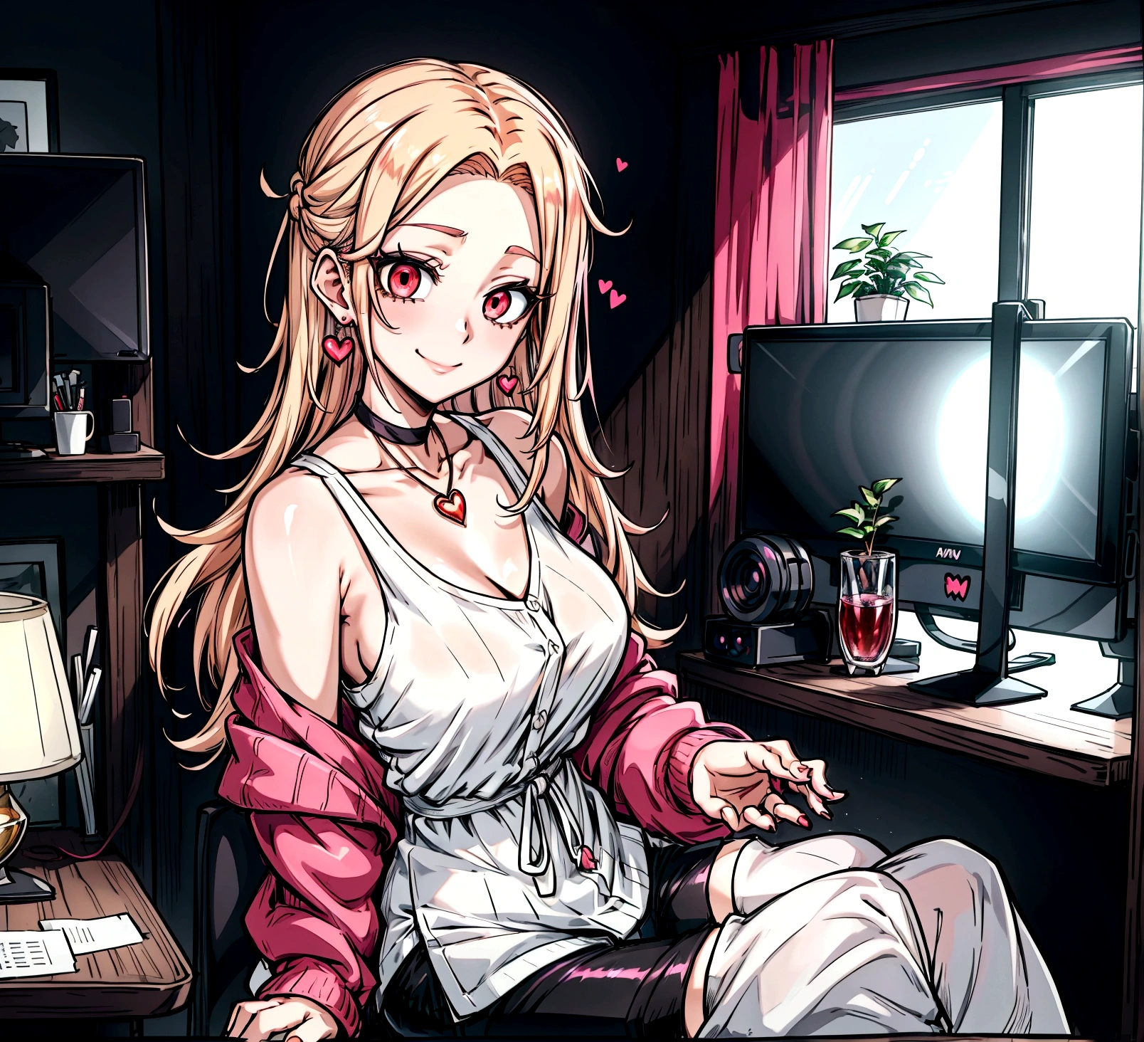 ((최고의 품?)), ((걸작)), (상세한), 여자 1명, Create an anime-style digital artwork of a character with long, straight, sleek blonde hair and bright red eyes. The character is wearing a white cardigan over a black tank top and dolphin shorts. She is accessorized with a pink heart pendant choker and long, decorative earrings. Her hair features a red heart hairpin on the side. The character is sitting in her room in front of a desktop computer, smiling warmly. The background should show a cozy room with soft lighting, with elements like a computer desk, monitor, and some personal items scattered around. The overall mood should be relaxed and inviting, capturing the essence of a casual day indoors.shiny forehead,slicked-back hair, forehead