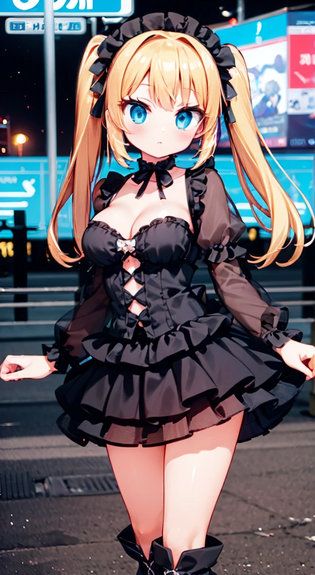 masterpiece, Highest quality, (anime screencap:1.3),(shape), cute,(Simple:1), (anime:1.2),Solo Sharp Focus, 1 Girl, Cleavage,Looking at the audience,night,（Starlight,Starry Sky 1.1）,blonde,((mini skirt)),Are standing, Twin tails,summer ,((Black Gothic Costume)),Red ribbon,Gothic,,Black Lolita Fashion,Gothic Bonnet,Hair Ribbon,Cowboy Shot,Mazda RX-7 FD3S,,,Large Breasts,,（Absolute region 1.1),（Braided Boots 1.1),Browsing Caution,