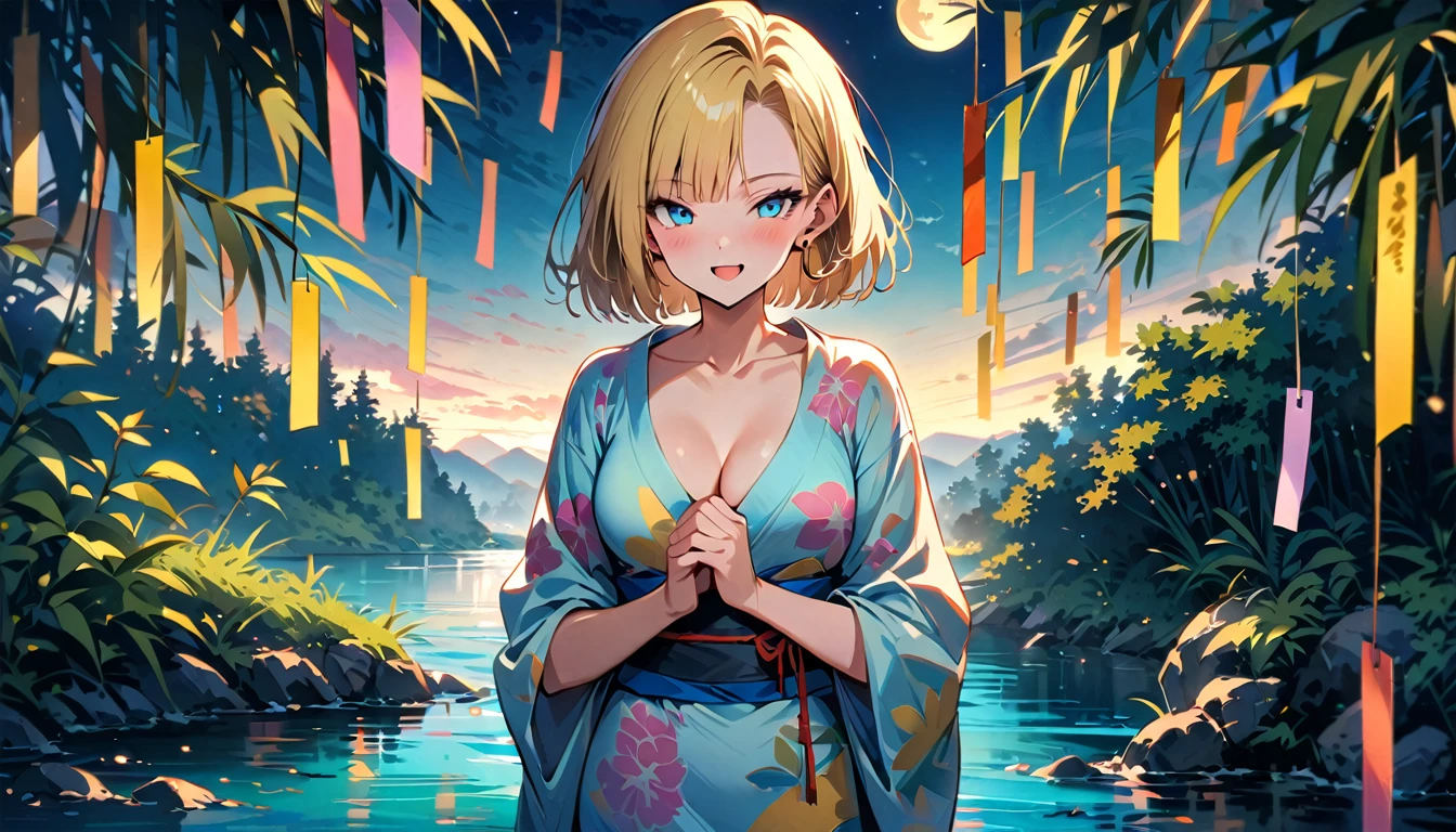 (masterpiece, best quality:1.2), 1girl, (solo), Android 18 from Dragon Ball, ((pastel kimono)), (standing), medium breasts, blunt bangs, short blonde hair, (blue eyes), earrings on earlobes, slim, slender feminine figure, skinny body, blush, sky, magnificent view, blur background, 4K, open mouth, river, smile, (own hands together), (Tanabata), night, moon, collarbone, cleavage, outside, a strip of paper, bamboo forest,