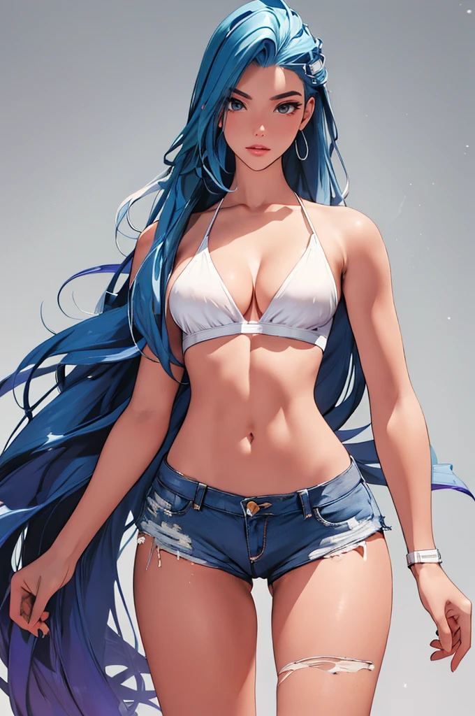 (best quality: 1.2), clean face, (masterpiece: 1.2, 8k) perfect anatomy, 1girl,a beautiful fashion model ,(masterpiece, official art, best quality ,long and shiny hair, blue hair with streaks in hair, long hair, full lips, slender body, slim body big breasts, looking at viewer, revealing outfit, absurdity, intricate details, dynamic pose, club, , wearing short shorts and a tight white top, cleavage, torn clothes, thong straps