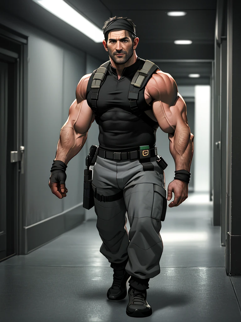 1 person, Solitary, 45 years old, chris redfield, hairy chest, hairy body, hairy legs, fully naked only wearing black socks, Shoulder black，bsaa logo bandana on shoulder, tall and big, Biceps, Abdominal muscles, Chest, best quality, masterpiece, high resolution:1.2, full body photo, Dark corridor with dark black background, Delicate face, shadow, Volumetric Lighting, full body photo, , only wearing only black socks(socks1.4), big foot