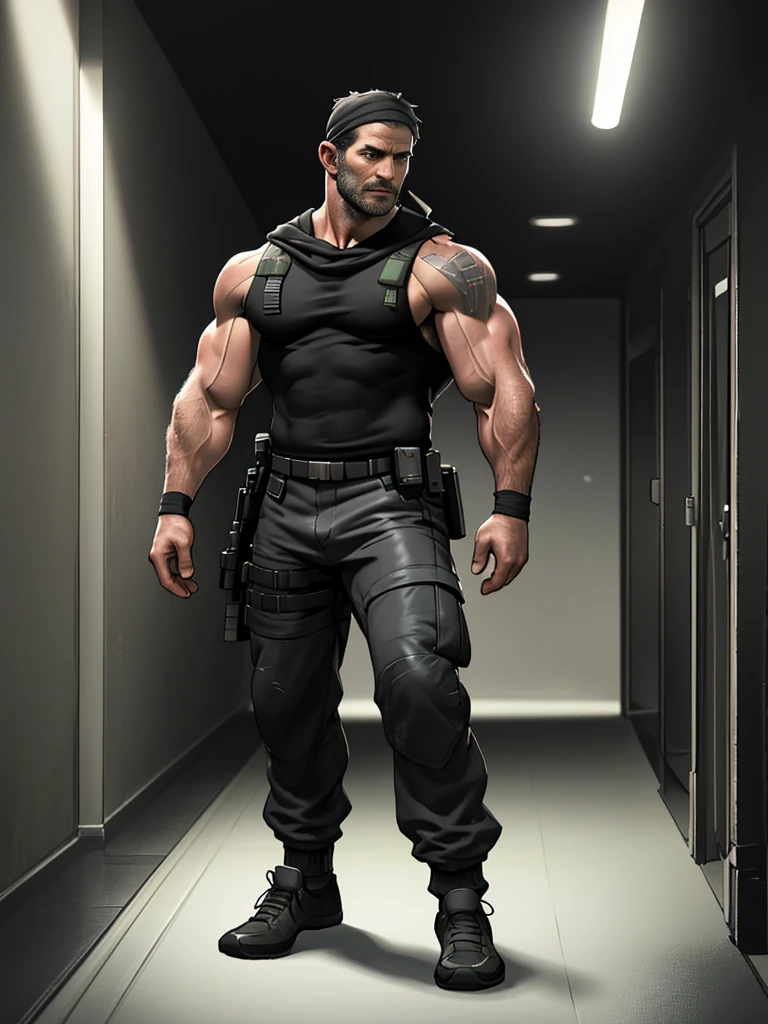 1 person, Solitary, 45 years old, chris redfield, hairy chest, hairy body, hairy legs, fully naked only wearing black socks, Shoulder black，bsaa logo bandana on shoulder, tall and big, Biceps, Abdominal muscles, Chest, best quality, masterpiece, high resolution:1.2, full body photo, Dark corridor with dark black background, Delicate face, shadow, Volumetric Lighting, full body photo, , only wearing only black socks(socks1.4), big foot