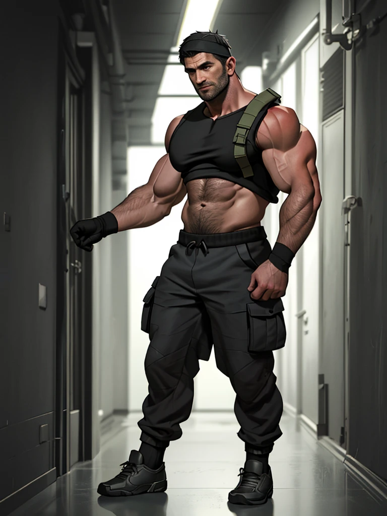 1 person, Solitary, 45 years old, chris redfield, hairy chest, hairy body, hairy legs, fully naked only wearing black socks, Shoulder black，bsaa logo bandana on shoulder, tall and big, Biceps, Abdominal muscles, Chest, best quality, masterpiece, high resolution:1.2, full body photo, Dark corridor with dark black background, Delicate face, shadow, Volumetric Lighting, full body photo, , only wearing only black socks(socks1.4), big foot