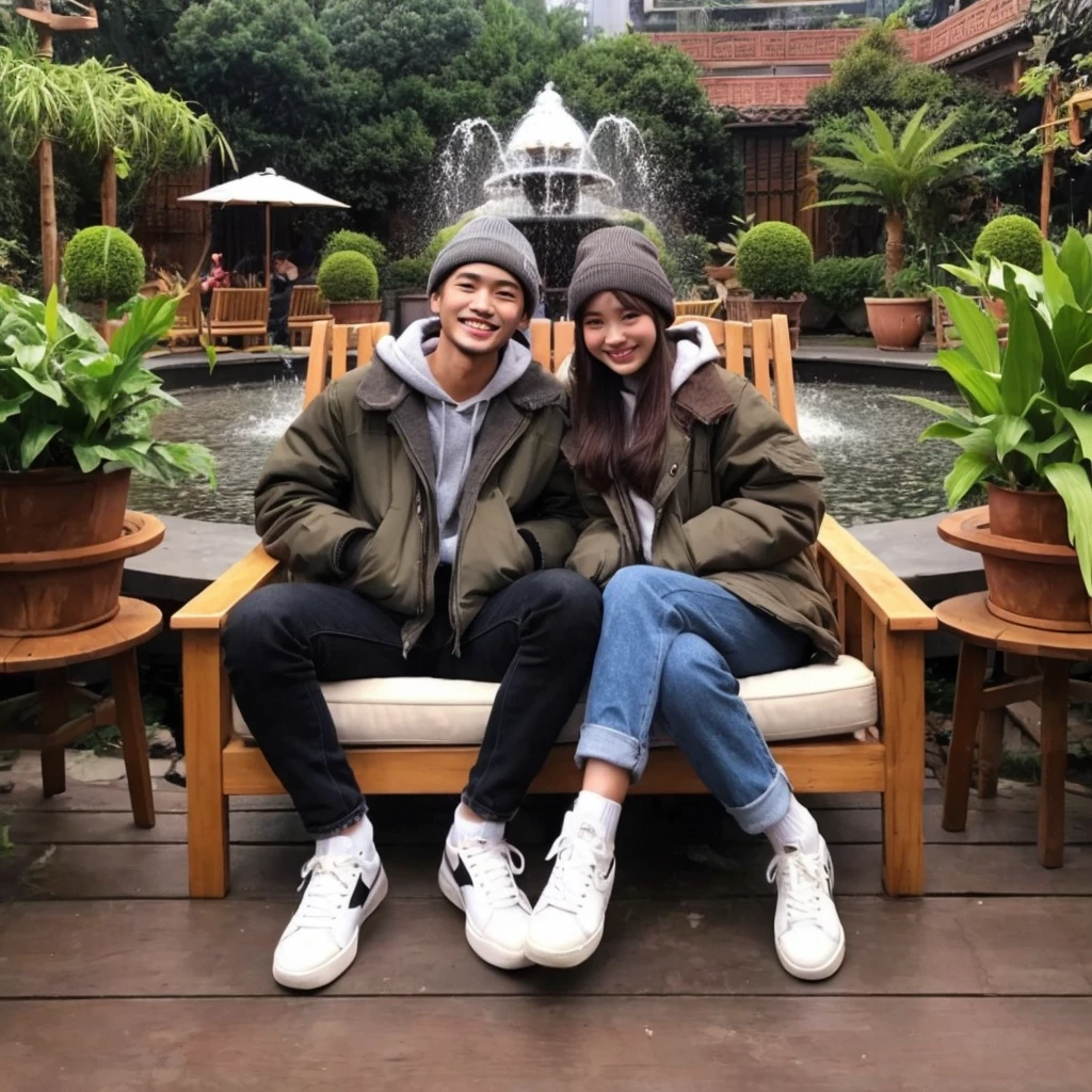 a pair of Indonesian lovers with the man having an energetic body with short hair and the woman having long hair,wearing a thick jacket with white shoes and also wearing a beanie hat,sitting romantically on a garden chair,around it plants ,water fountain,smiling expression facing the camera,best photo,high quality,Photo taken from a long distance