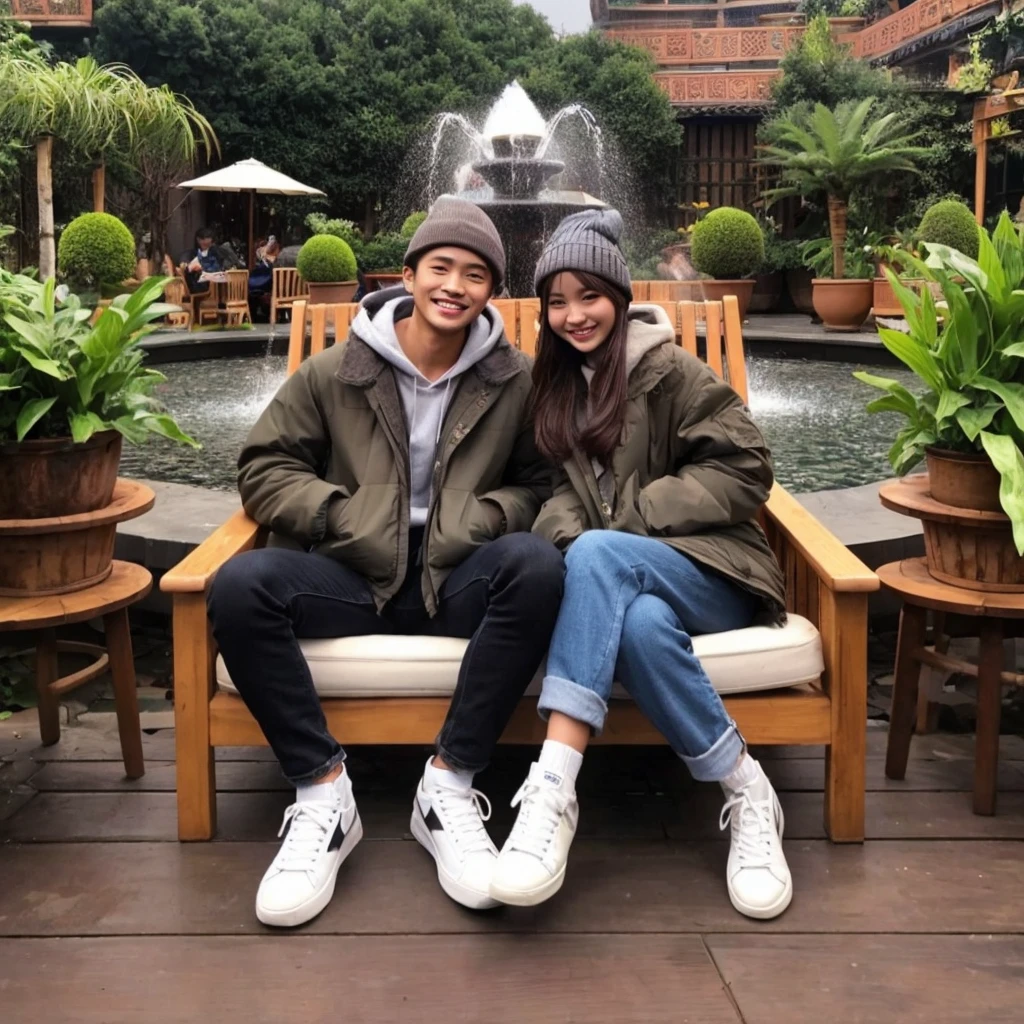 a pair of Indonesian lovers with the man having an energetic body with short hair and the woman having long hair,wearing a thick jacket with white shoes and also wearing a beanie hat,sitting romantically on a garden chair,around it plants ,water fountain,smiling expression facing the camera,best photo,high quality,Photo taken from a long distance