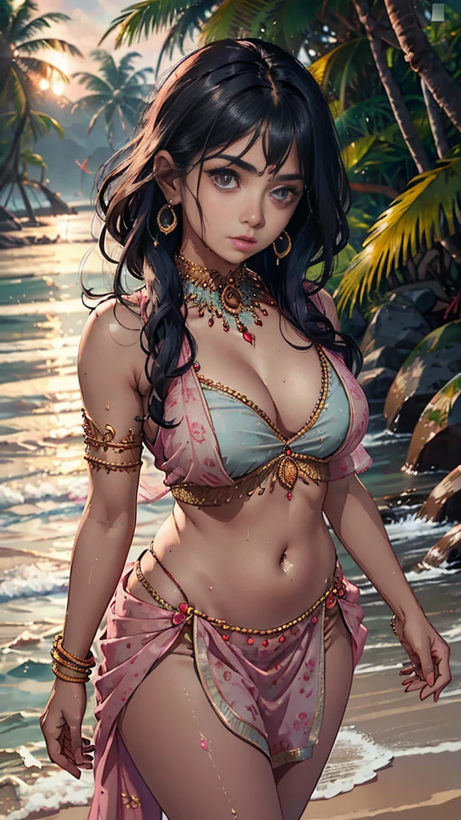 Best quality, portrait, masterpiece, 1 indian girl, walking on sea beach, wet hair, soft body, looking straight at the viewer, big eyes, dark pink wet saree, petticoat, tattooed body, 8k resolution, deep cleavage, belly piercing, big breasts, insanely detailed, parted lips, perfect anatomy, perfect fingers, ambient lighting, forest