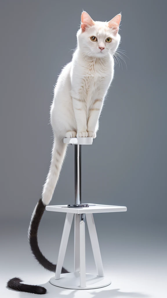 In high resolution、An image of a cat standing on a white background。The cat stands upright with its front legs together、Balancing on hind legs。The cat's coat color is calico、I have blue eyes。There is natural light、The fur is drawn to look fluffy.。The cat's expression is relaxed、There is a slight smile on the lips。