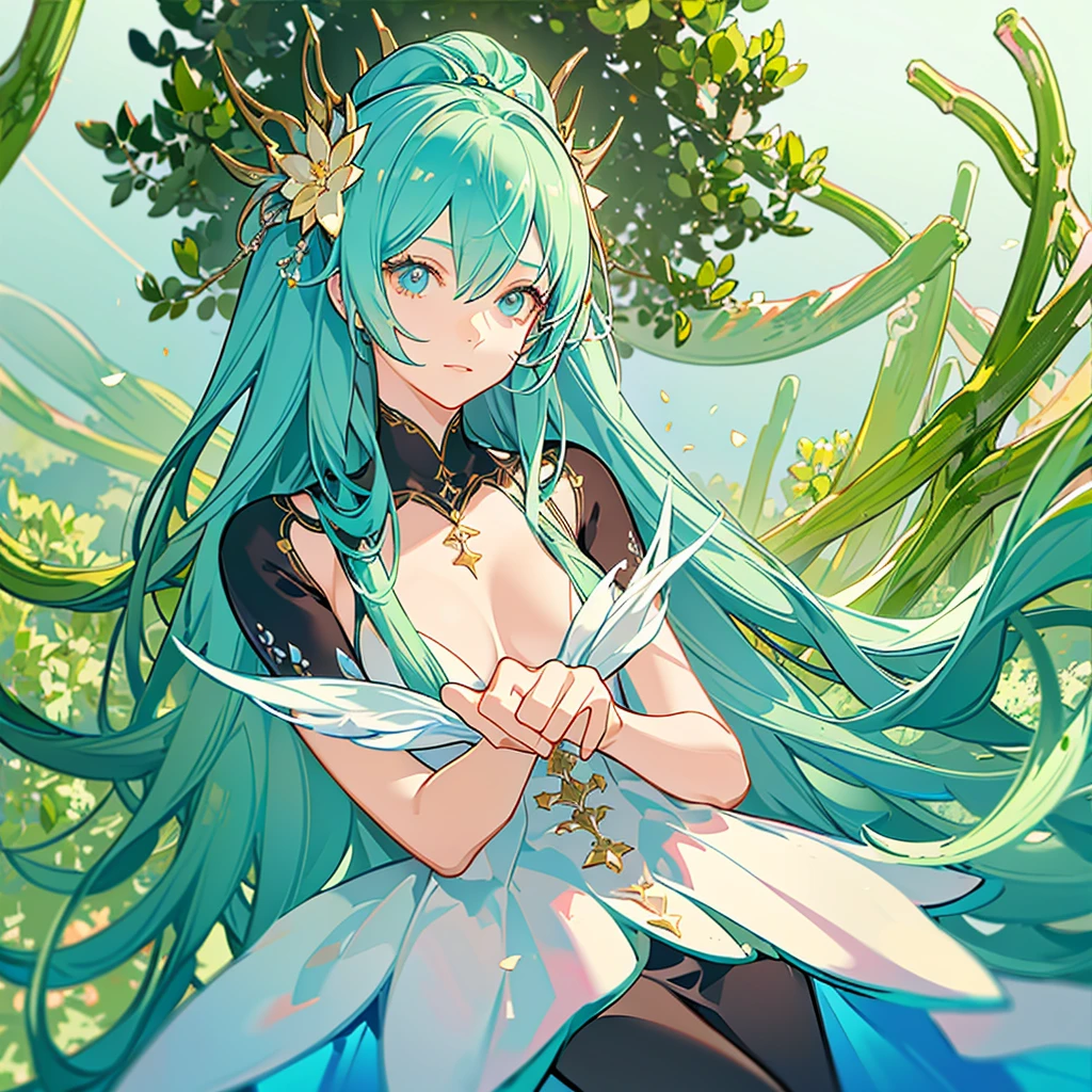Beautiful tree goddess, body made from tree and flower, metallic dust flew in space, 8k, hd, unreal engine, magic glitter, glowing background, close shot, extra details,, dreamy,