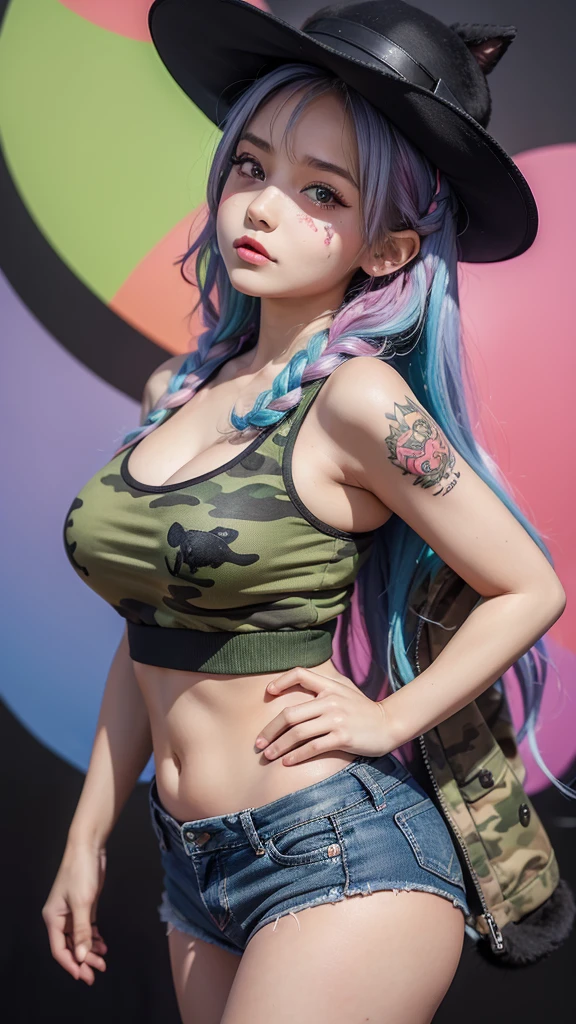 A  girl with mix vibrant colorful hair braided, large breasts covered, large curvy ass, wearing a black cat hat, is posing for the camera. Her gorgeous eyes are looking upwards to her left with a soft expression. She has visible tattoos on her arms and face. She's dressed in a green camouflage jacket with a pink top and jean shorts. The background is plain with no detail, ultra hd, 4k detailed