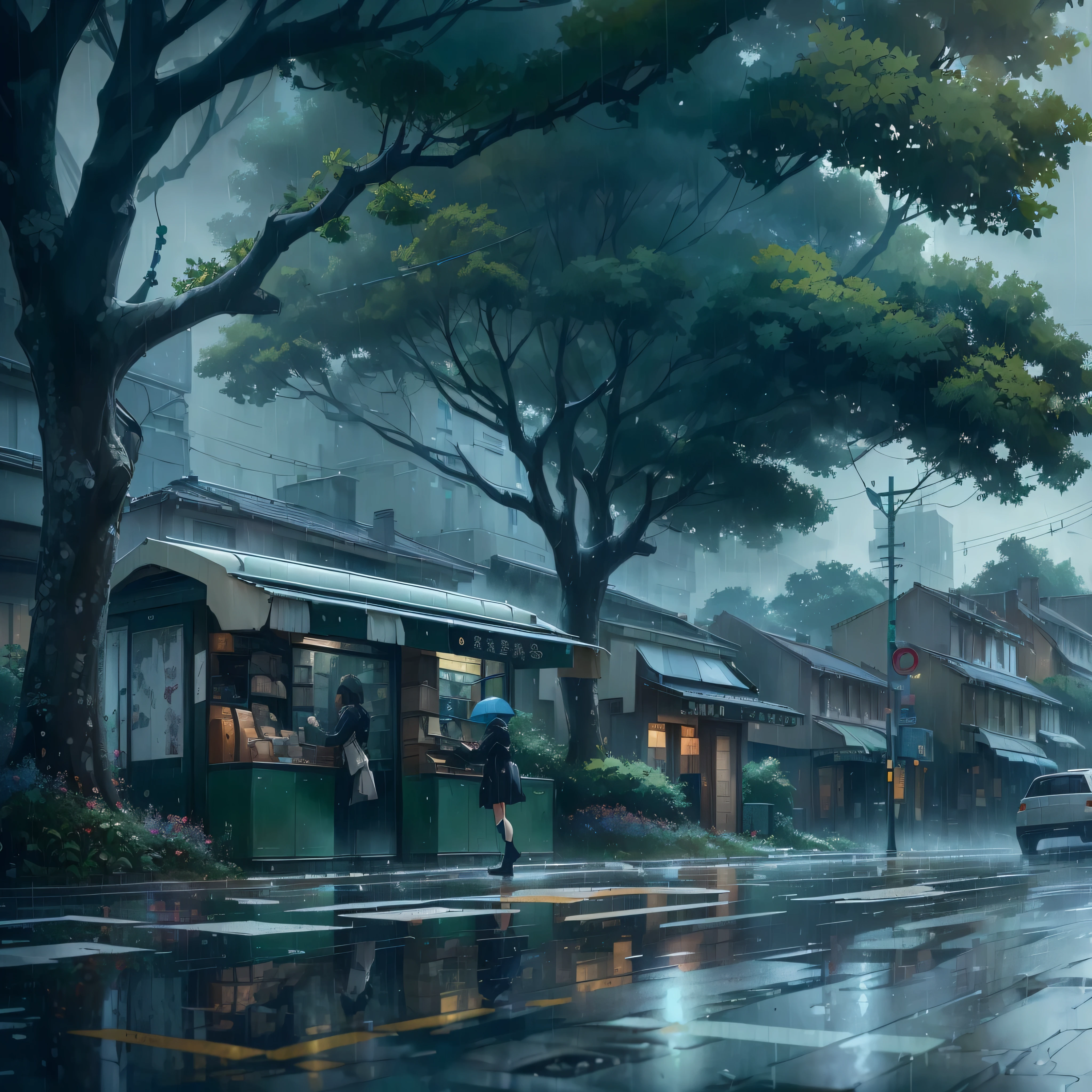 il y a une voiture qui roule dans la rue sous la pluie, Jour de pluie. rendu du jeu, sombre. par Makoto Shinkai, rendu d'octane. par Makoto Shinkai, greg rutkowski Makoto Shinkai, makoto Sinkai, Temps orageux. Makoto Shinkai, par Makoto Shinkai, par Makoto Shinkai, in style of Makoto Shinkai 1920 x 1080