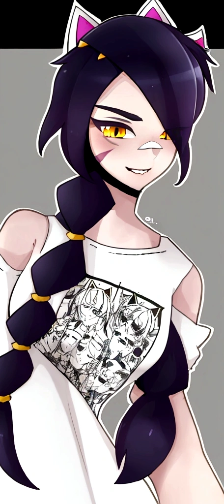 1 girl, Alone, wide, looking at the viewer, black fur, bandage on face, yellow eyes, animal ears, SMILE, bandage on nose, braid, cat ears, bandage, hits, old, fake animal ears, simple background, Open mouth, canine, , bare shoulders, SCAR, teeth, shirt, bare shoulders, white shirt, short sleeves, Closed mouth, t-shirt, hair over one eye, portrait, if, hair over the shoulder, Bermuda,1 girl, Lamia, scales, White shirt, whole body, original character, volumetric lighting, best shadows, shallow depth of field, Incredibly beautiful girl, , Delicate beautiful attractive face