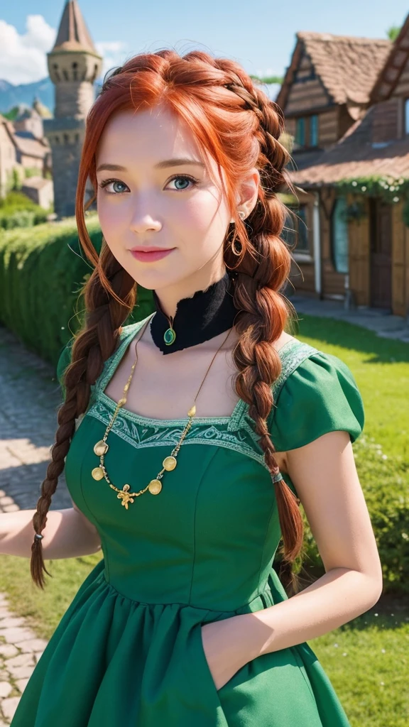 Create a live-action image of Anna from Disney’s Frozen. She should have red hair styled in an updo with braids, wear a green dress with a black choker necklace, and be set in a charming village with quaint buildings in the background. Ensure she has realistic facial features, capturing her warm and adventurous personality, and maintain the essence of the animated character.”