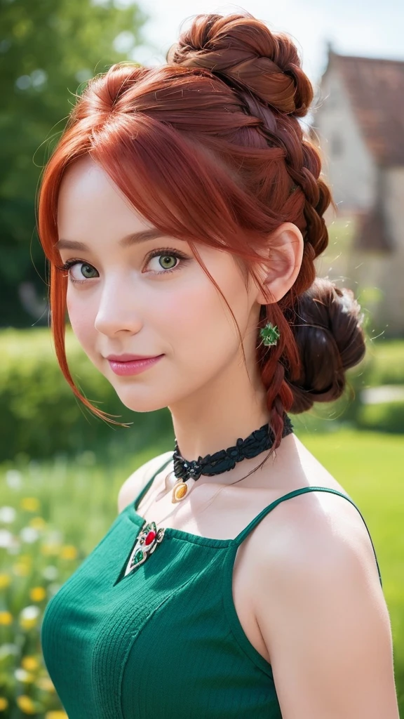 Create a live-action image of Anna from Disney’s Frozen. She should have red hair styled in an updo with braids, wear a green dress with a black choker necklace, and be set in a charming village with quaint buildings in the background. Ensure she has realistic facial features, capturing her warm and adventurous personality, and maintain the essence of the animated character.”